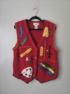 Vintage Victoria Jones Plus Size 1X Teacher Sweater Vest Ruler Art 90s Knit Red